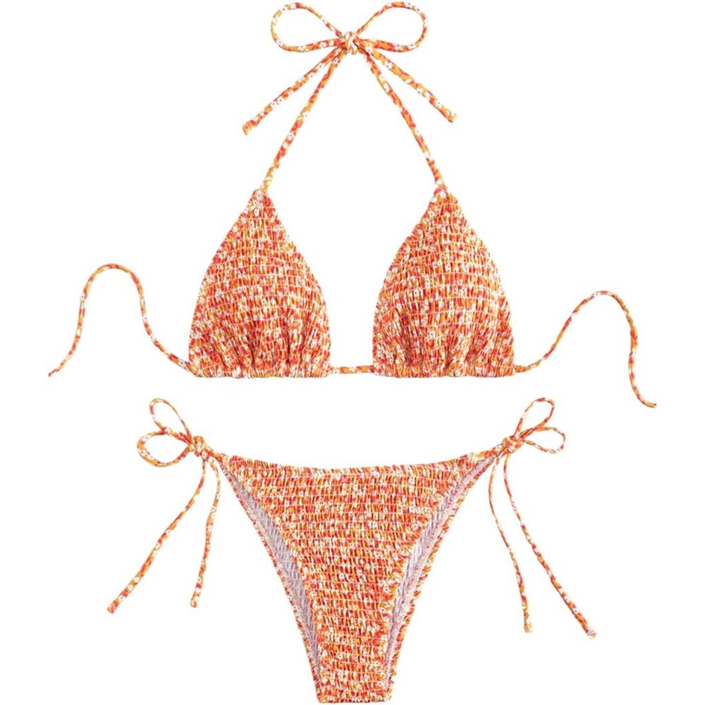 ✨ Women Orange 2 Piece Floral Bikini Sets Drawstring Triangle Halter Swimsuits